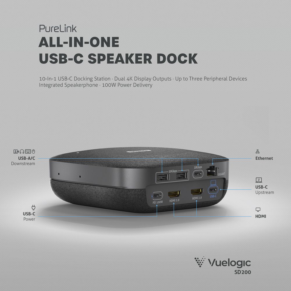 VL-SD200 Док-станція 10-в-1 USB-C з динаміком та вбудованим гучномовцем, 2x HDMI 2.0 4K60, USB-C 3.2 Gen2 100W PD 10Gbps, 4x USB, 1x Ethernet