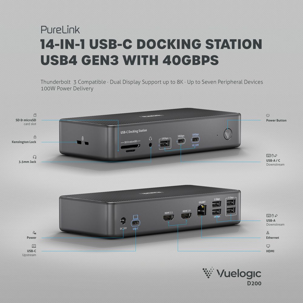 VL-D200 Док-станція 14-в-1 USB-C-1x HDMI 2.1 8K30,1x HDMI 2.0 4K60, USB4 Gen3 100W PD,вихід 2 екрани
